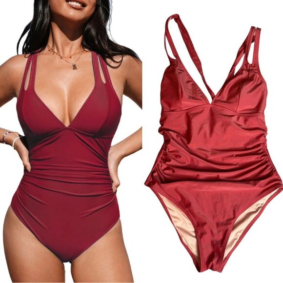 Cupshe Deep V Neck Tummy Control One Piece Swimsuit Size Medium NEW Cutout Strap - Picture 1 of 7